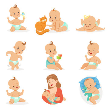 Adorable Happy Baby And His Daily Routine Set Of Cute Cartoon Infancy And Infant Illustrations