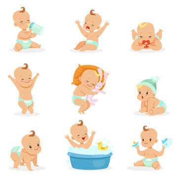 Adorable Happy Baby And His Daily Routine Series Of Cute Cartoon Infancy And Infant Illustrations