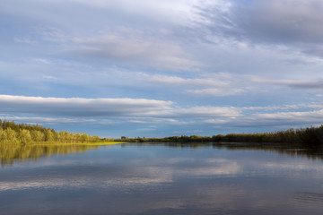 The coastline to the wood between the sky and the river. Indigirka River. Yakutia. Russia.