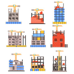 Fototapeta premium Unfinished Modern Building Construction Set With No People And Lifting Crane Set Of Icons