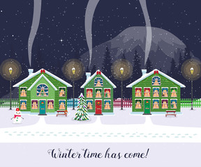 Winter time has come. Postcard with pretty houses in the snow. Decorated Christmas elements.