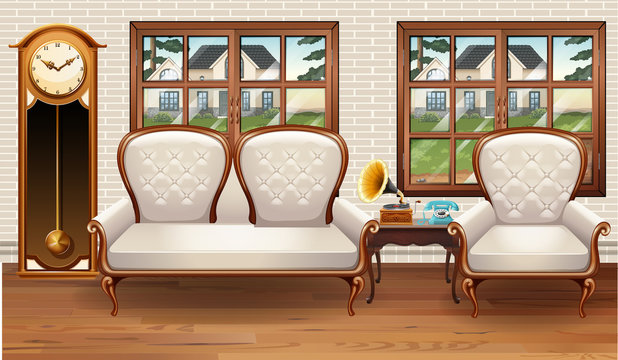 Room with white sofa and vintage clock