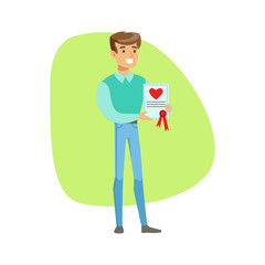 Smiling Man Holding Life Insurance Constract , Insurance Company Services Infographic Illustration