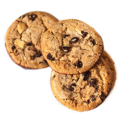 Chocolate chip cookies isolated  on white background close up.