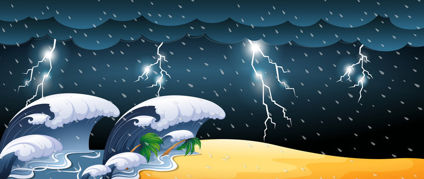 Tsunami scene with thunderstorms