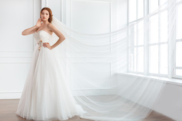 Bride in white wedding dress with long veil