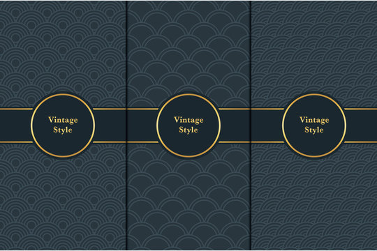 Vintage pattern on black background. Seamless pattern with golden frame for design in retro style. Universal pattern for wallpapers, textiles, fabrics, wrapping papers, packaging boxes etc