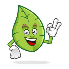Delicious leaf mascot, OK leaves character, vector leaf cartoon