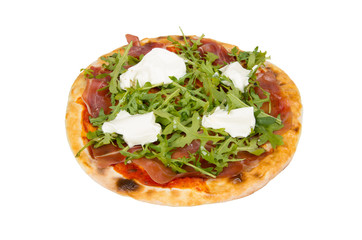 Pizza with  arugula, bacon, tenderloin, tomato and mayonnaise.Pizza on a white background.