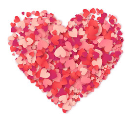 Vector big heart made from hearts shapes pink and red confetti on white