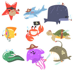 Marine Animals And Underwater Wildlife With Pirate Accesories And Attributes Set Of Comic Cartoon Characters