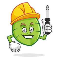 worker leaf mascot with hard hat and screwdriver, leaves character, vector leaf cartoon