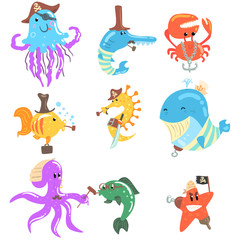 Marine Animals And Underwater Wildlife With Pirate And Sailor Accessories And Attributes Set Of Comic Cartoon Characters