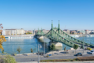 Fototapeta premium View of the Danube river with bastion and bridge in Budapest