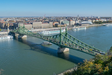 Fototapeta na wymiar View of the Danube river with bastion and bridge in Budapest