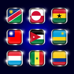 Set of world flags quadrangular glass buttons with steel border and twinkle ( Namibia . Greenland . Ghana . Taiwan . Jordan . Rwanda . Luxembourg . Senegal . Colombia )