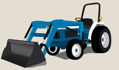 Blue tractor with bucket isolated on neutral background