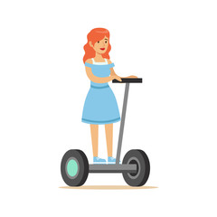 Redhead Girl In Blue Dress Riding Electric Self-Balancing Battery Powered Personal Electric Scooter Cartoon Character