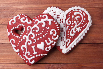 Two heart gingerbread red and white icing cookies I love you