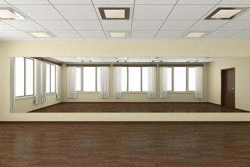 Empty training dance-hall with yellow walls and dark wooden floo