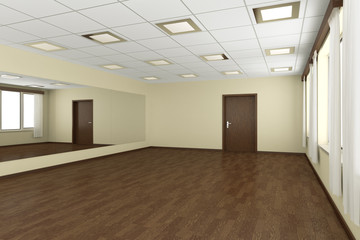 Fototapeta na wymiar Empty training dance-hall with yellow walls and dark wooden floo