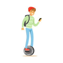 Student In Red Hat With BAckpack And Smartphone Riding Electric Self-Balancing Battery Powered Personal Electric Scooter Cartoon Character © topvectors