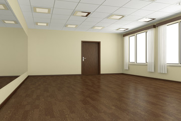 Empty training dance-hall with yellow walls and dark wooden floo