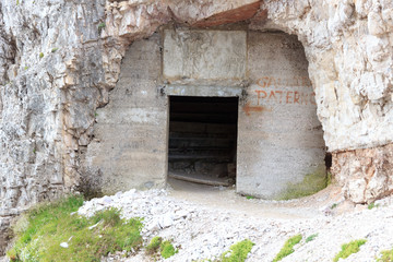 Fototapeta na wymiar Via ferrata Innerkofler De Luca with tunnel entrance in Sexten Dolomites, South Tyrol, Italy