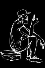 vector sketch of a bearded man wearing a cap and shorts looks in
