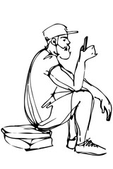 vector sketch of a bearded man wearing a cap and shorts looks in