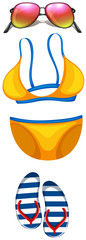 Beachwear items with bikini and sunglasses