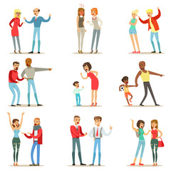 Fototapeta premium People Fighting And Quarrelling Making A Loud Public Scandal Collection Of Cartoon Characters Aggressive And Violent Behavior Illustrations