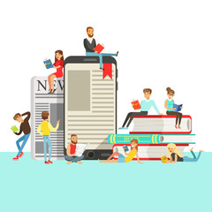 People Who Love To Read Reading Books Around Giant Electronic Book And Newspaper