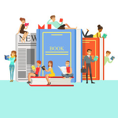 People Who Love To Read Reading Books Around Giant Books With Hard Cover And Newspaper