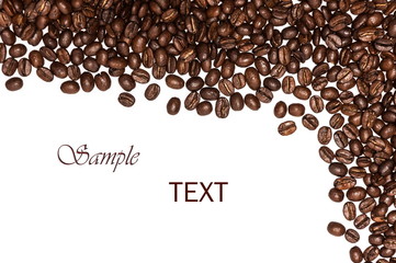 Coffee beans background, roasted coffee beans on a white background, top view, a flat pattern,...