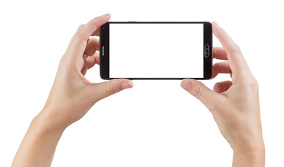 Female Hands Holding A Smart Phone with Blank Screen Isolated on a White Background.