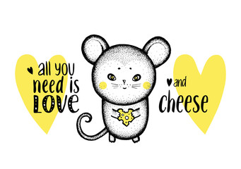 Mouse Love Cheese Yellow Hearts - Valentines Day - 134979976