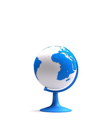 Blue terrestrial globe on plain white background
