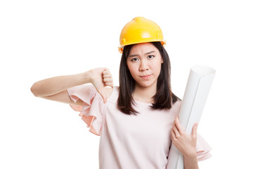 Asian engineer woman thumbs down with blueprints.