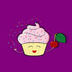 Funny cupcake character with pink cream topping, cartoon style vector illustration isolated on white background. Cute smiley cupcake character with eyes and legs holding a cherry