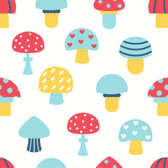 Bright different types of mushrooms set. Card in cartoon style o