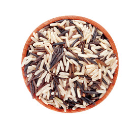 Wild, white and brown rice in a wooden bowl, isolated on white background
