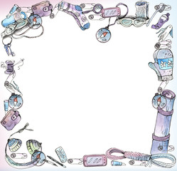 Frames, card. Objects for camping, tracking and hiking, illustration