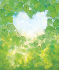 Vector green leaves branches heart's shape  nature background.
