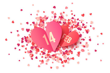 Pink paper heart shape cards with date 14 February on red and pink confetti