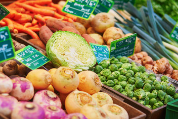 Fresh healthy bio fruits and vegetables on market