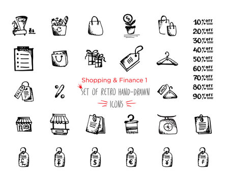 Hand-drawn sketch shopping web icon set - finance, economy, money, payments
