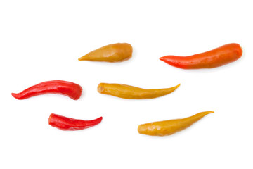 Chili peppers for sexual potency. Isolated on white background. Chili peppers like sperm flow. Chili peppers sexual motive. Top view.