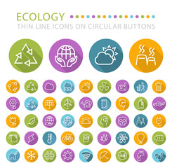 Set of 45 Elegant Universal White Ecology Minimalistic Thin Line Icons on Circular Colored Buttons on White Background.