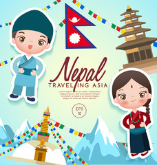 Traveling Asia : Nepal Tourist Attractions : Vector Illustration - obrazy, fototapety, plakaty